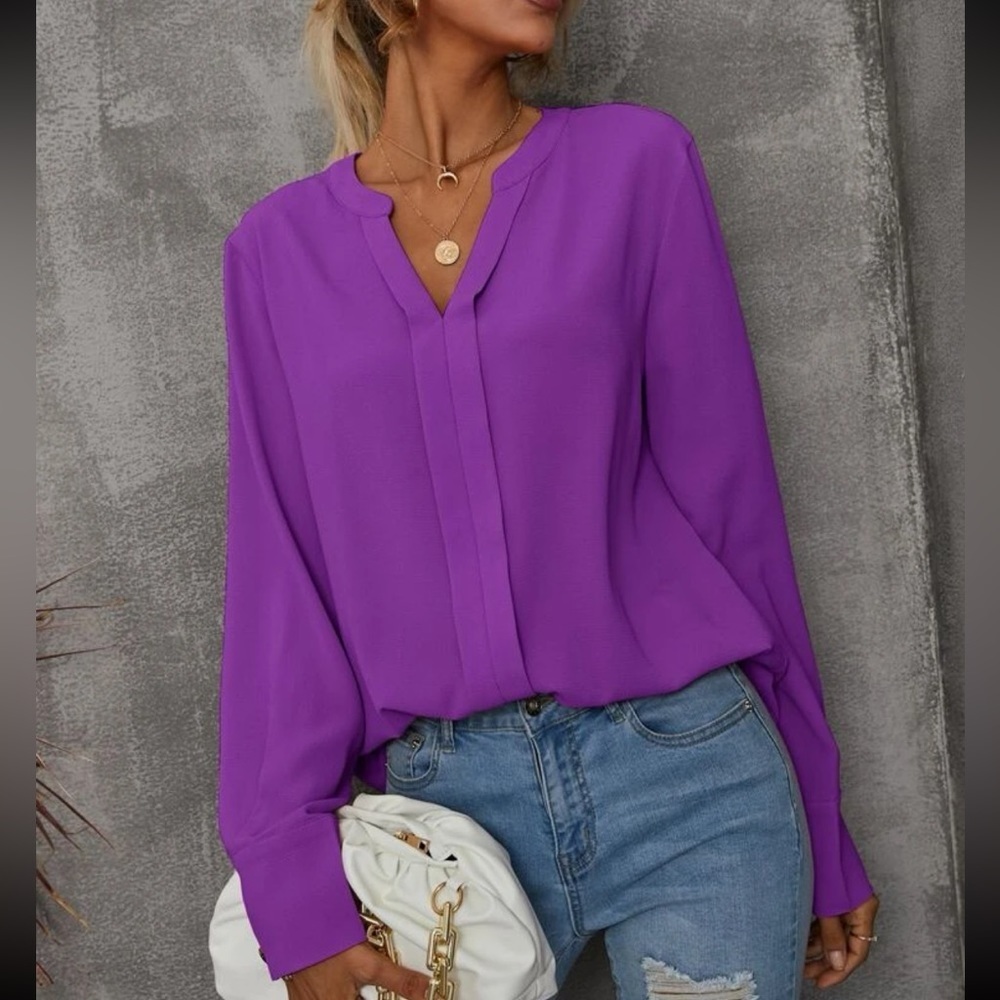New notched v neck purple long sleeve blouse - Picture 5 of 6
